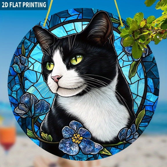 HELLOYOUNG Cat Sun Catcher Window Decor Blue Flower Tuxedo Cat Acrylic Window Hanging Colorful Pet Memorial Gift for Cat Lovers Acrylic Translucent Decorative Board