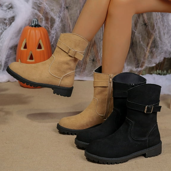 Miluxas Slouchy Mid Calf Flat Boots for Women Pull On Round Toe Fall and Winter Fashion Comfortable Boots Khaki 9.5(43)