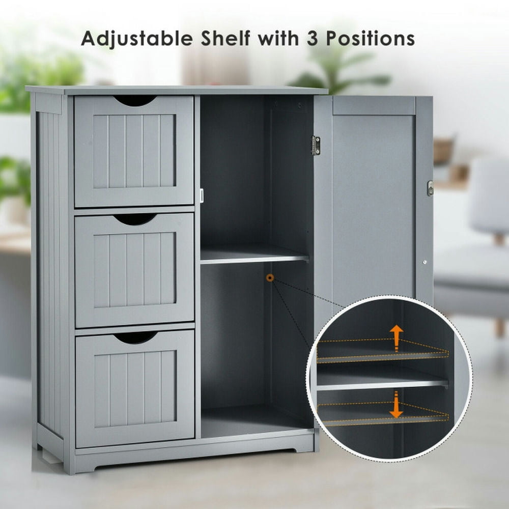 Finihen Storage Cabinet, Floor Cabinet, Bathroom Floor Cabinet Side Storage Cabinet with 3 Drawers and 1 Cupboard, for Bathroom, Living Room, Bedroom, Kitchen, Gray