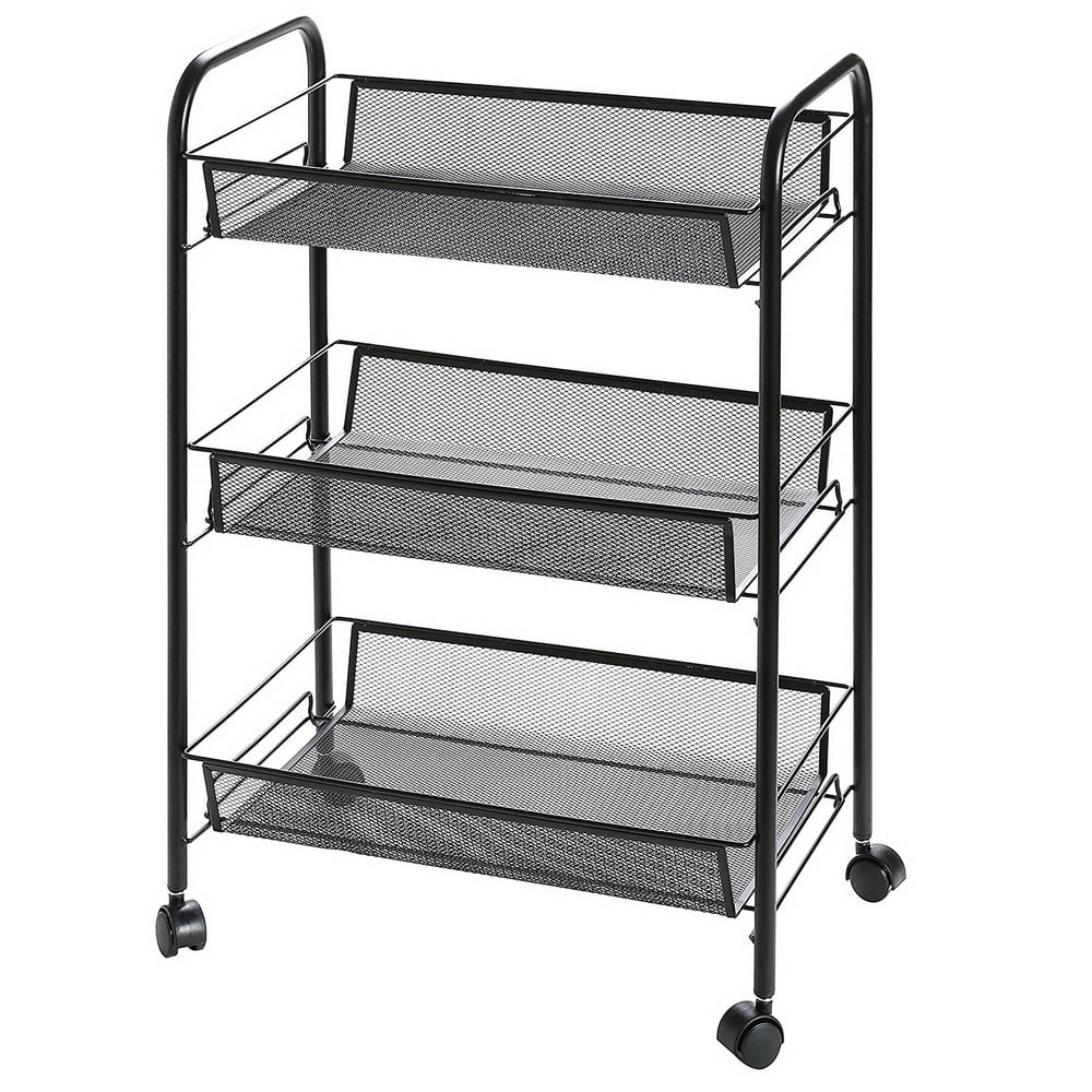 Mesh Storage Rolling Cart w/ 3 Tier Shelf Trolley Home Office Organizer Black 