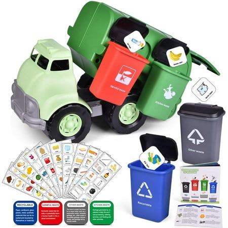 Fun Little Toys Garbage Toy Truck Set with 4 Garbage Cans, Reclying Truck Kids Play Vehicles