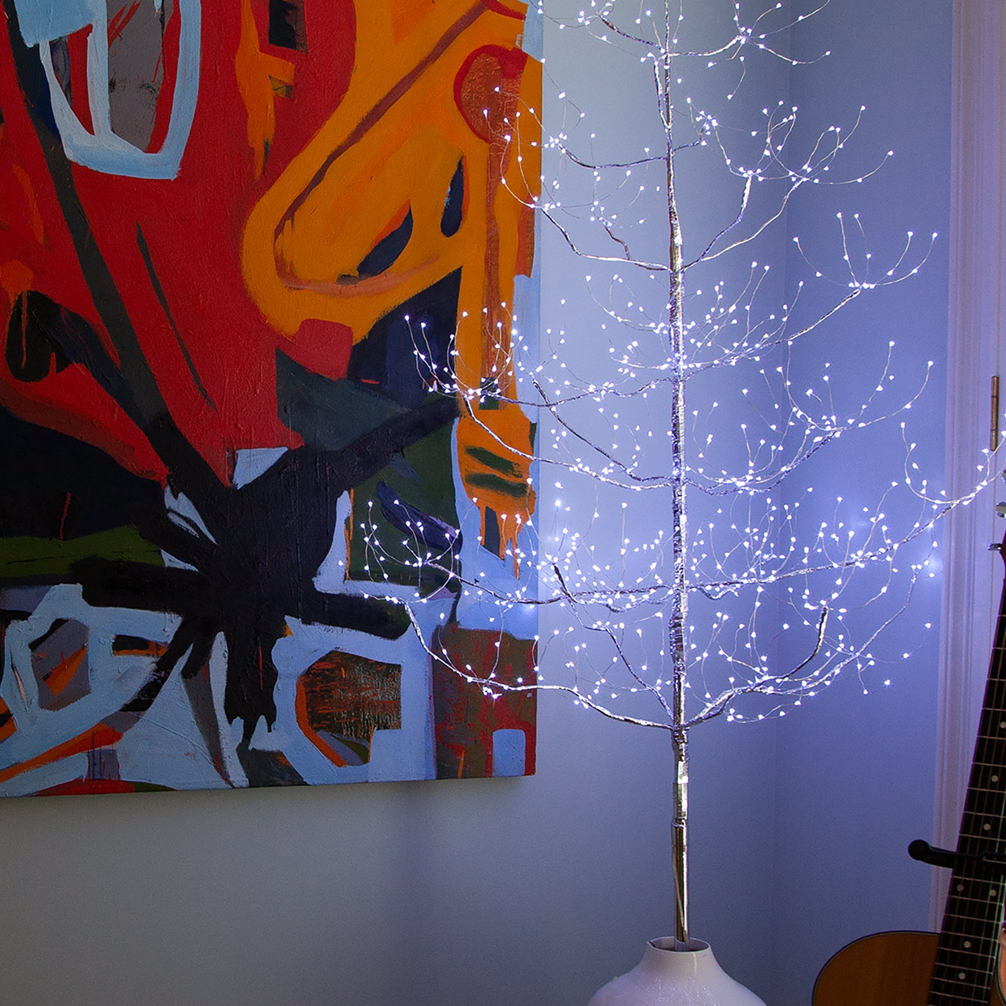 Wintergreen Lighting 4ft Lighted Tree Decoration with Silver Branches, 390 Cool White Fairy Lights, Fairy Light Tree