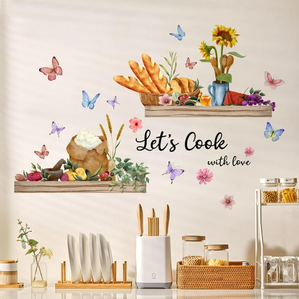 Pegatinas de pared de pan y comida para cocina, utensilios de cocina, verduras, frutas, flores, mariposas, calcomanías de pared, cocinemos con frases de amor, Peel