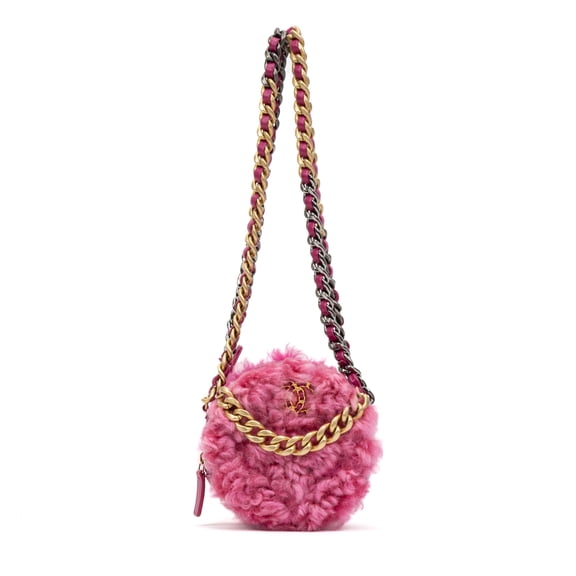 Pre-Owned Chanel Pink Rare Shearling Mini Round Clutch Shoulder Bag Shearling Canvas