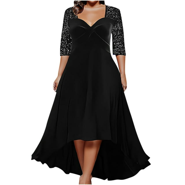 Meichang Robes en Velours pour Femmes Grande Taille Tunique Confortable en Dentelle Manches 3/4 Robe d'Été Élégante Évasée Swing Encolure Carrée Robes Ourlet Haut-Bas Invitée de Mariage Robe de Soirée, L-5TG