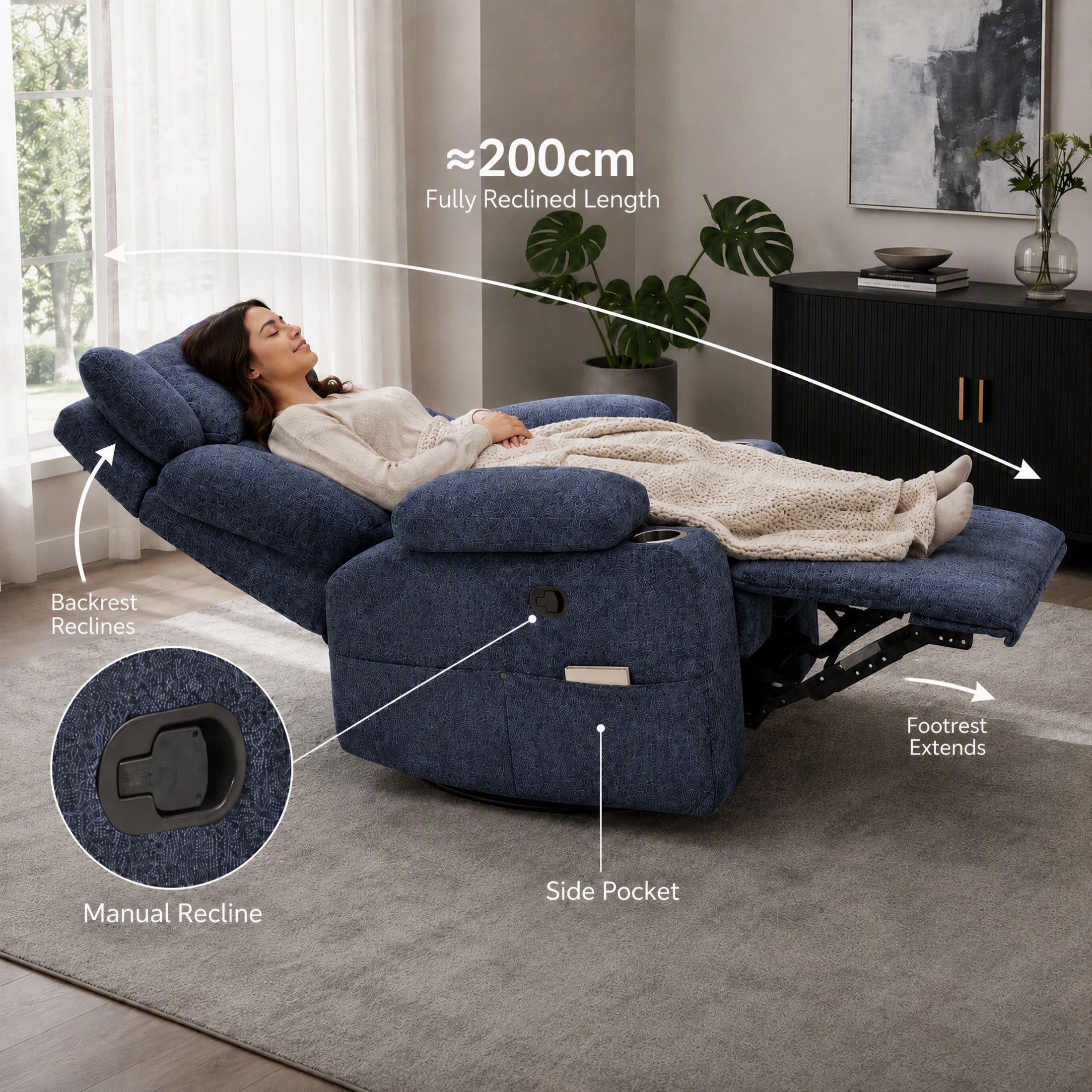 GDF Studio Turden 360° Swivel Manual Rocking Recliner with Detachable Neck Pillow, Versatile Lounge Chair, Blue