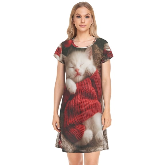 Women's Sleepshirts White Cat in Red Sweater Nightgowns Sleep for Women Soft House Dresses Night Gown for Ladies