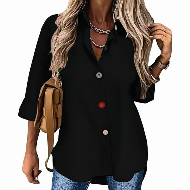 Camisa Informal de Moda para Mujer, con Botones, Cuello , Blusas Holgadas y Regulares, Blusas de Otoño Negro L