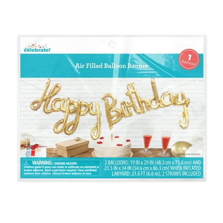 Way To Celebrate! Air Filled Happy Birthday Foil Balloon Banner, Gold