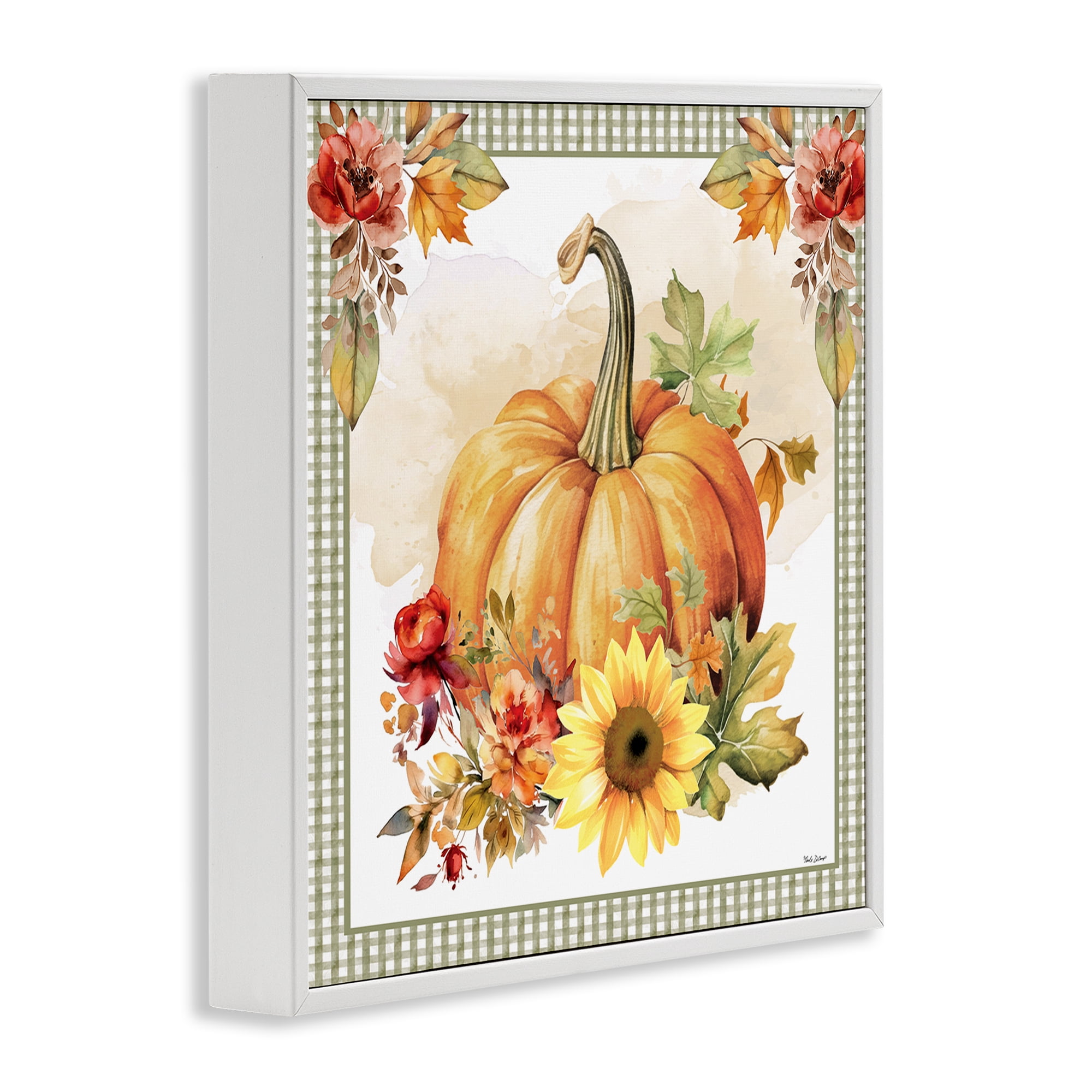 Stupell Industries Gingham Bordered Pumpkin Botanical & Floral Painting White Framed Art Prints Wall Art, 12 x 12