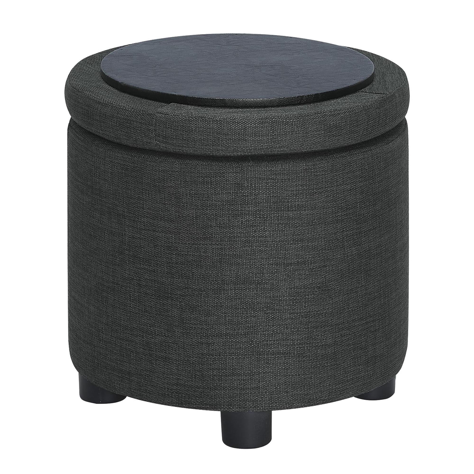 Designs4Comfort Round Accent Storage Ottoman with Reversible Tray Lid, Dark Charcoal Gray Fabric