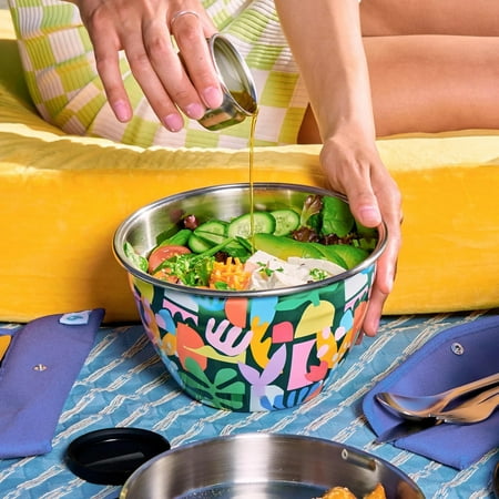 Stainless Steel 64oz Salad Bowl Kit, Paper Cutouts Design, Includes 2oz Mini Canister and Removable Tray, Leakproof, Easy to Clean, Dishwasher Safe