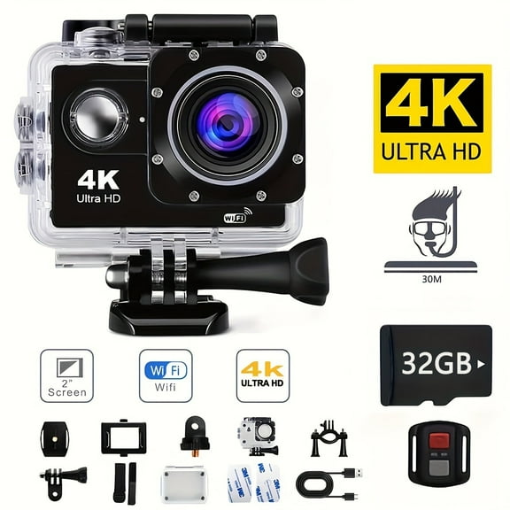 4K Action Camera with 32G Card, WiFi 170° Sports Camera with Pre-recording & Remote Control, Helmet Mount Kit, Ideal Gift for Beginners