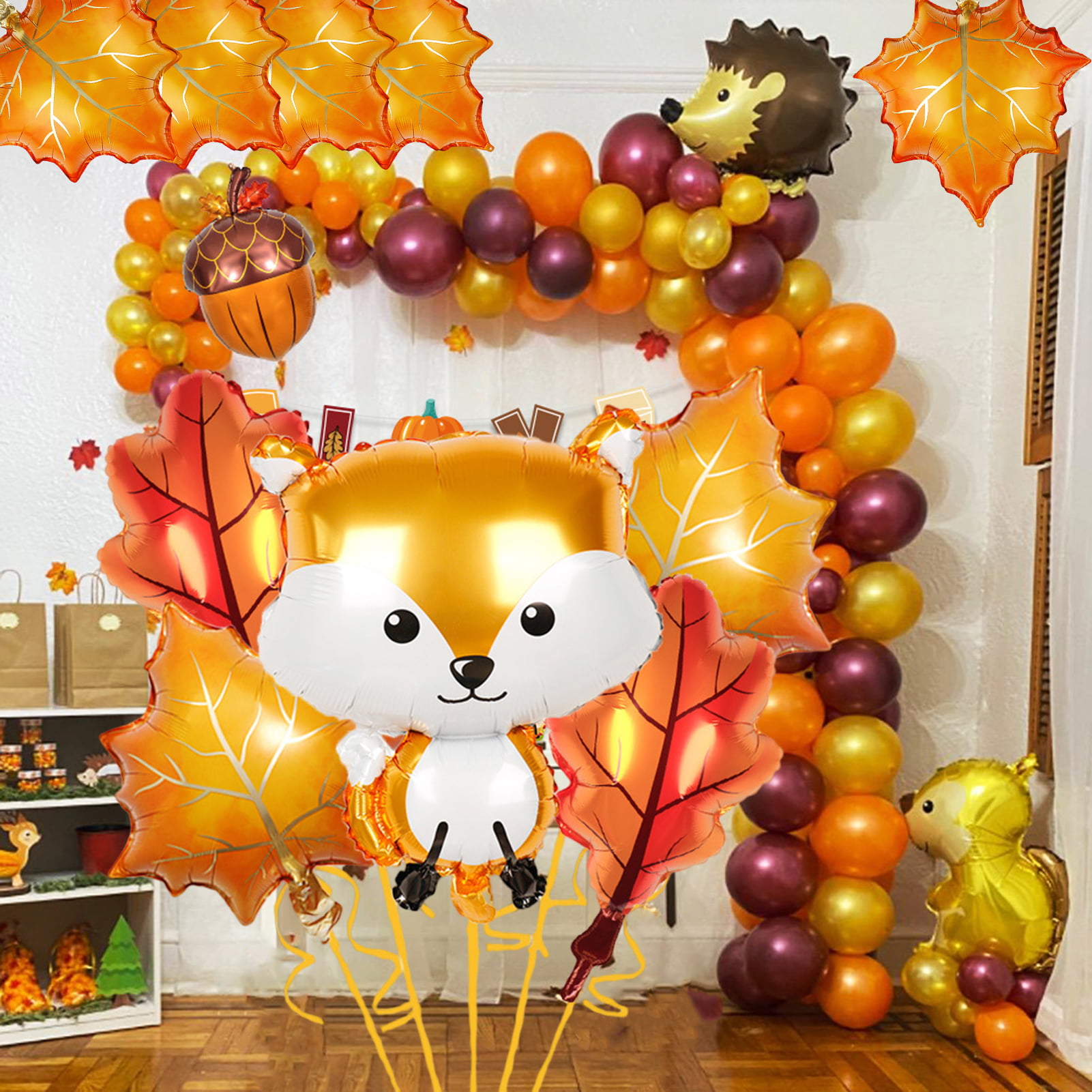 10pcs, Fall Balloons Autumn Theme Party Decorations Fall Foil Balloons  Pumpkin Balloons Maple Leaves Pine Nut Balloons Fox And Squirrel Balloons  For F