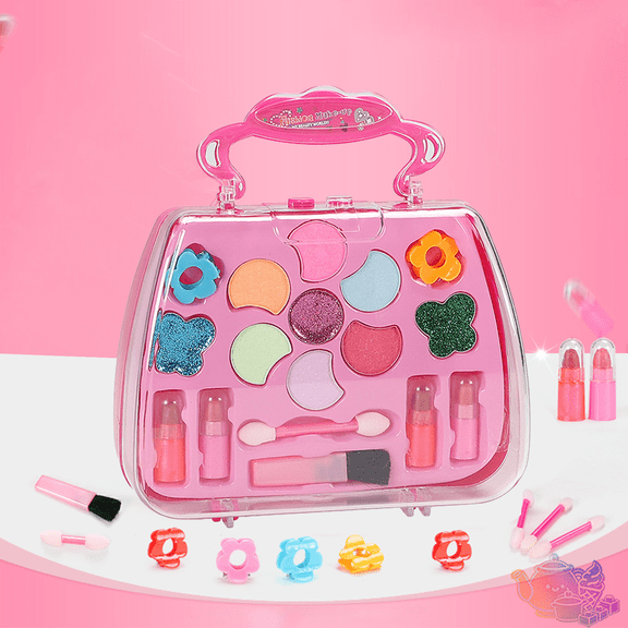 Kids Pretend Makeup Playset with Portable Carry Case, Pretend Lipstick, Eyeshadow, Brushes and Hair Clips, Beauty Salon Pretend Play House Toys, Fashion Role Play Toy for Kids Ages 3 and Up