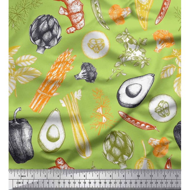 Soimoi Green Rayon Fabric Mixed Vegetable Print Fabric by Yard 42 Inch Wide