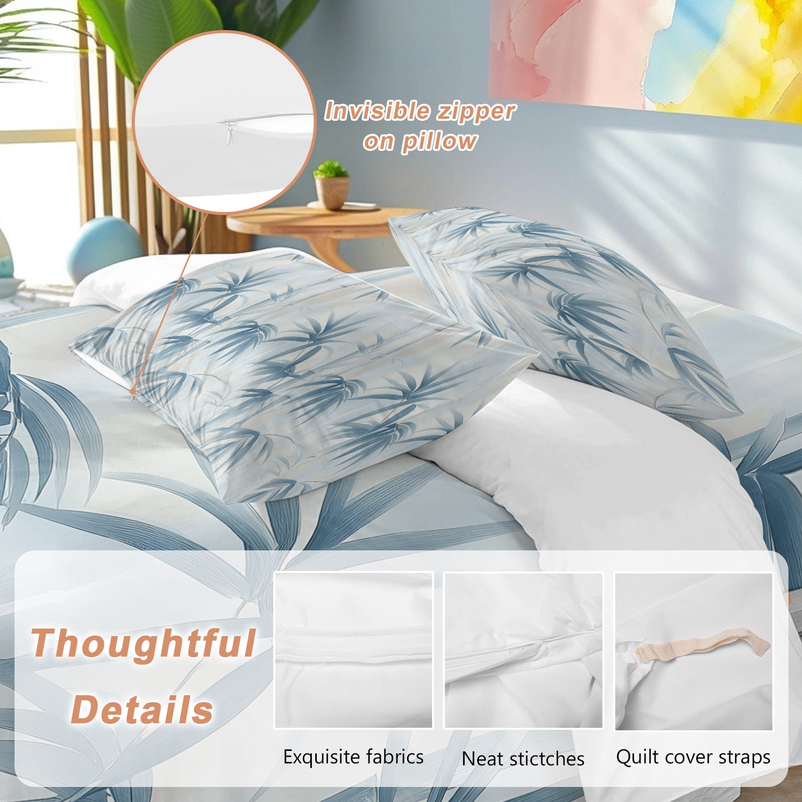 Bamboos Leaf Queen Duvet Cover Set, Blue Leaves Watercolor Modernism 4 Piece Microfiber Bedding Set with Zipper Closure, Bed Sheet and 2 Pillow Shams, Soft Bedding Cover