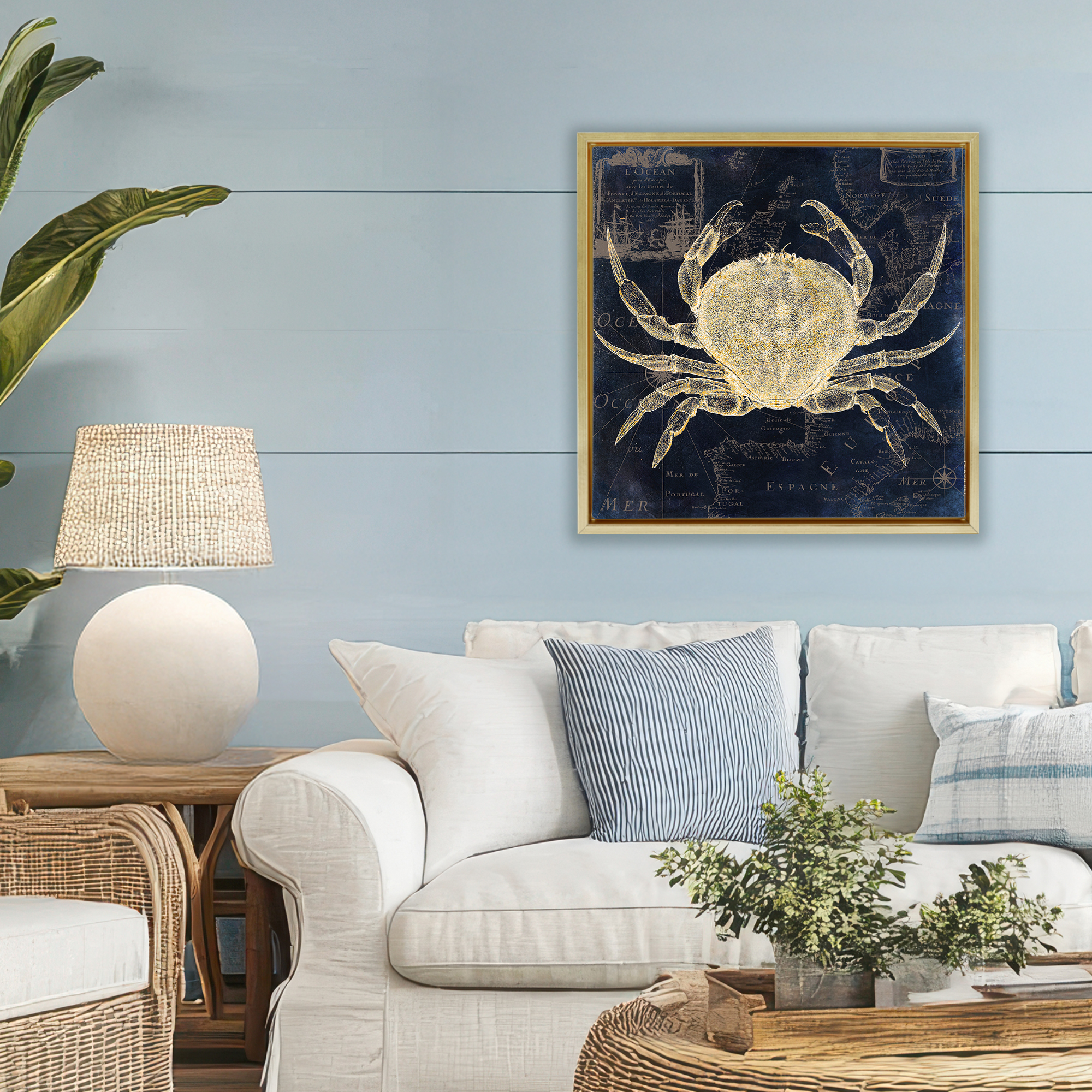 Crab Contour over Map Gold Framed Floater Canvas Wall Art, design by Sasha