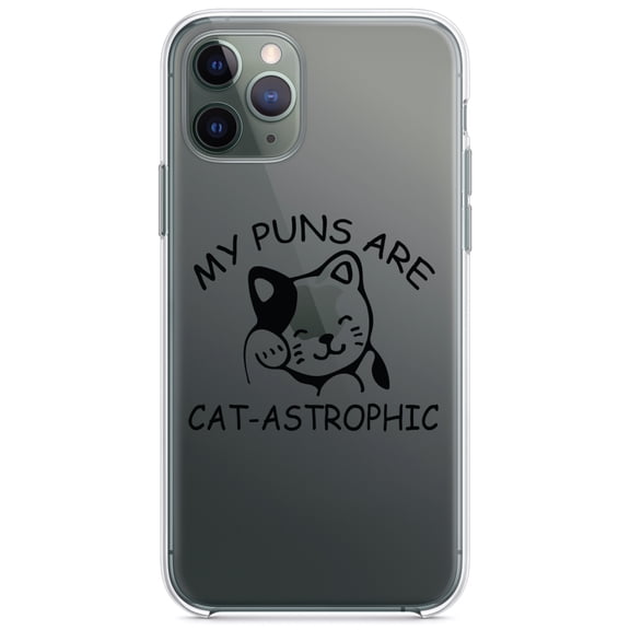 DistinctInk Clear Shockproof Hybrid Case for iPhone 12 / 12 PRO (6.1" Screen) - TPU Bumper Acrylic Back Tempered Glass Screen Protector - My Puns Are Cat-Astrophic