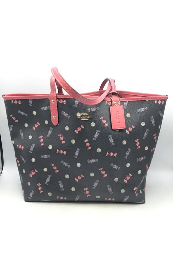 Pre-Owned COACH Reversible City Tote Candy Print F72722 Bag Navy Pink Coach (Fair)
