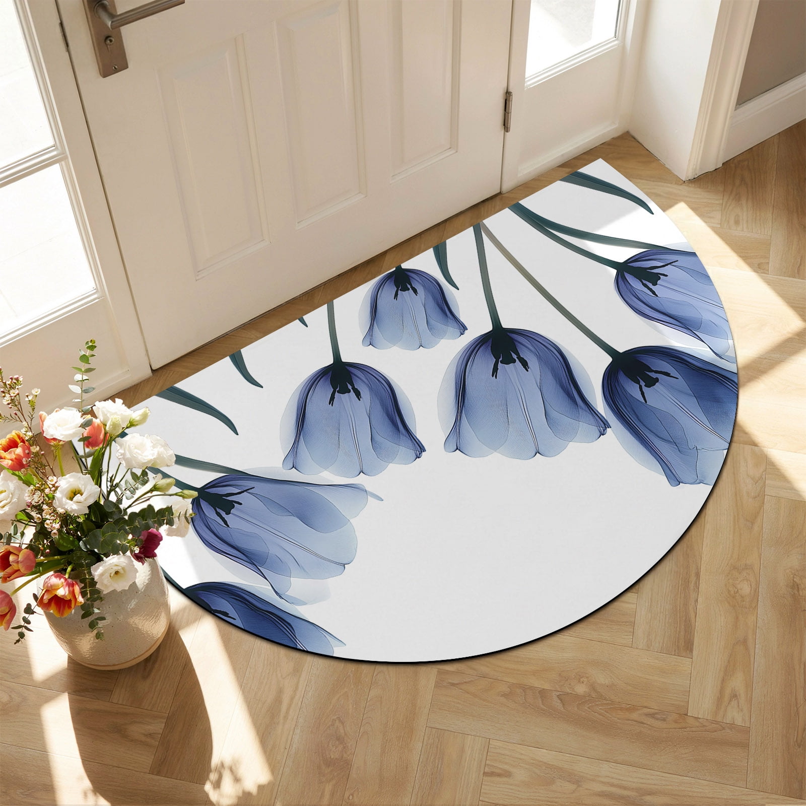 Indoor Doormat Front Door Mat 20 x31.5 Blue Tulip Flower Absorbent & Non-Slip Half Circle Doormat Indoor Entrance Low-Profile Welcome Mat for Entryway Patio Vintage Spring Plant Floral Botanical