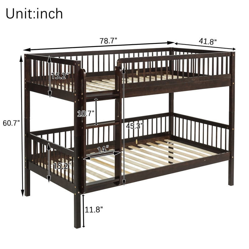 Twin-Over-Twin Size Convertible Kids Bunk Bed into 2 Platform Beds, Teens Wood Bed Frame with Ladder and Safety Guardrails