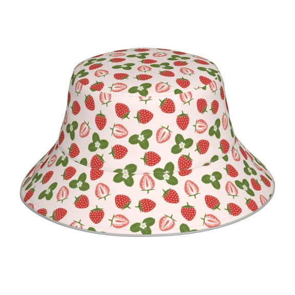 Kll Strawberries And Leaf Bucket Hat for Women Men Packable Travel Beach Sun Hat Outdoor Rave Accessories Reflective Fisherman Cap