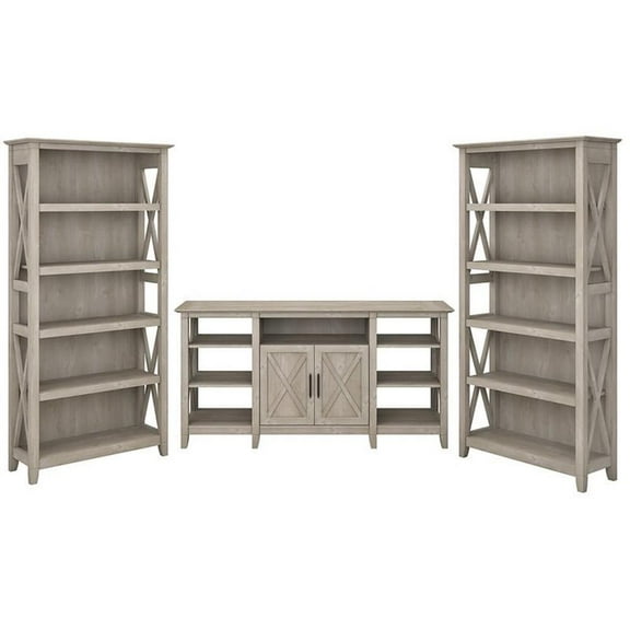 Pemberly Row Transitional Wood Tall TV Stand with 2 Bookcases in Washed Gray