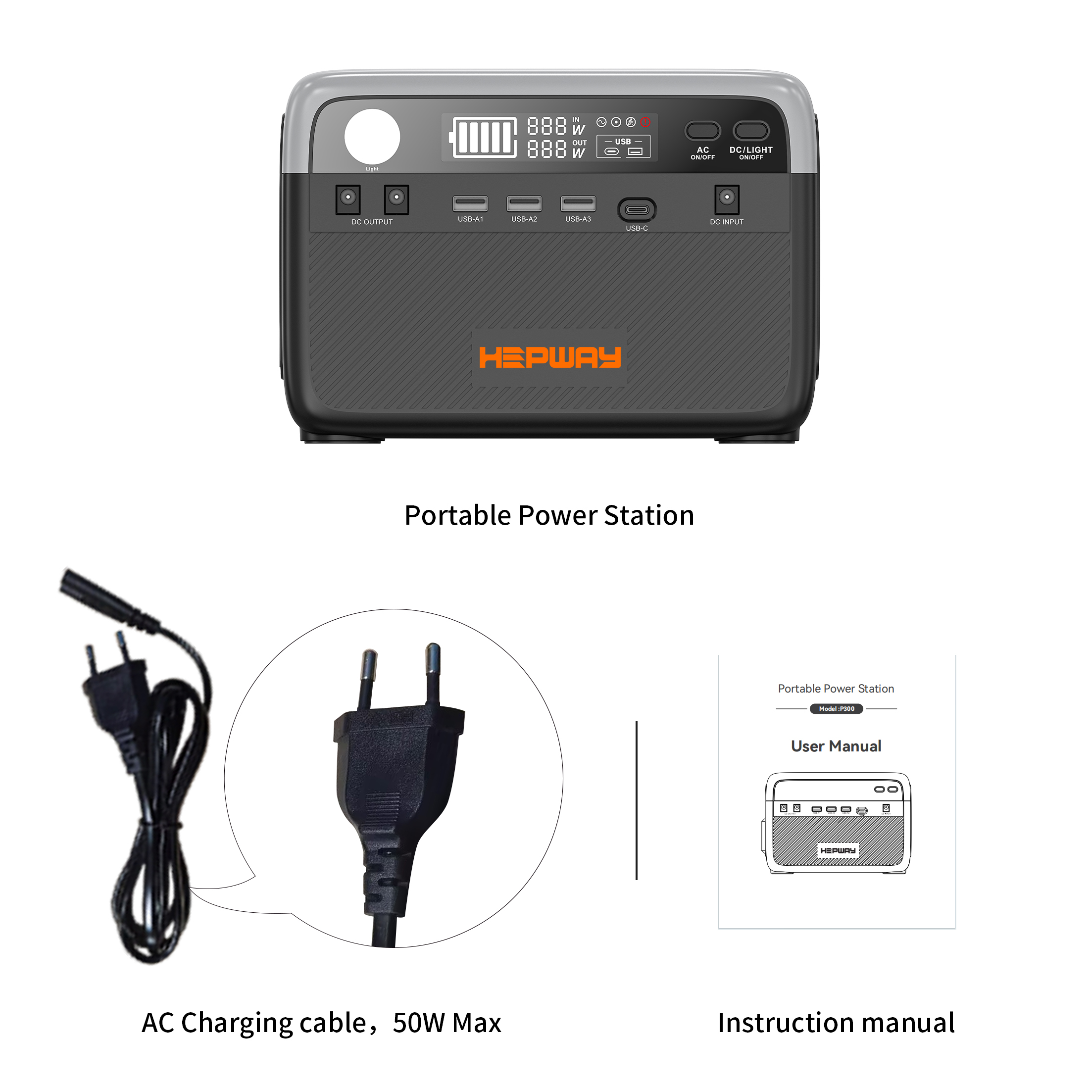 Hepway H30 Portable Power Station,300W Solar Generator,288Wh  LiFePO4 Battery,2 AC 120V Outlets,PD 100W USB-C Output w/ LED, 90000mah Power Bank for Hurricane Emergency Outdoor Camping RVs Home Use