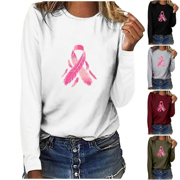 VKOYWKM Breast Cancer T-Shirts for Women Breast Cancer Awareness Tshirt Long Sleeve Pink Ribbon Graphic Tees Cancer Fight Crew Neck Sweatshirt Tee Tops