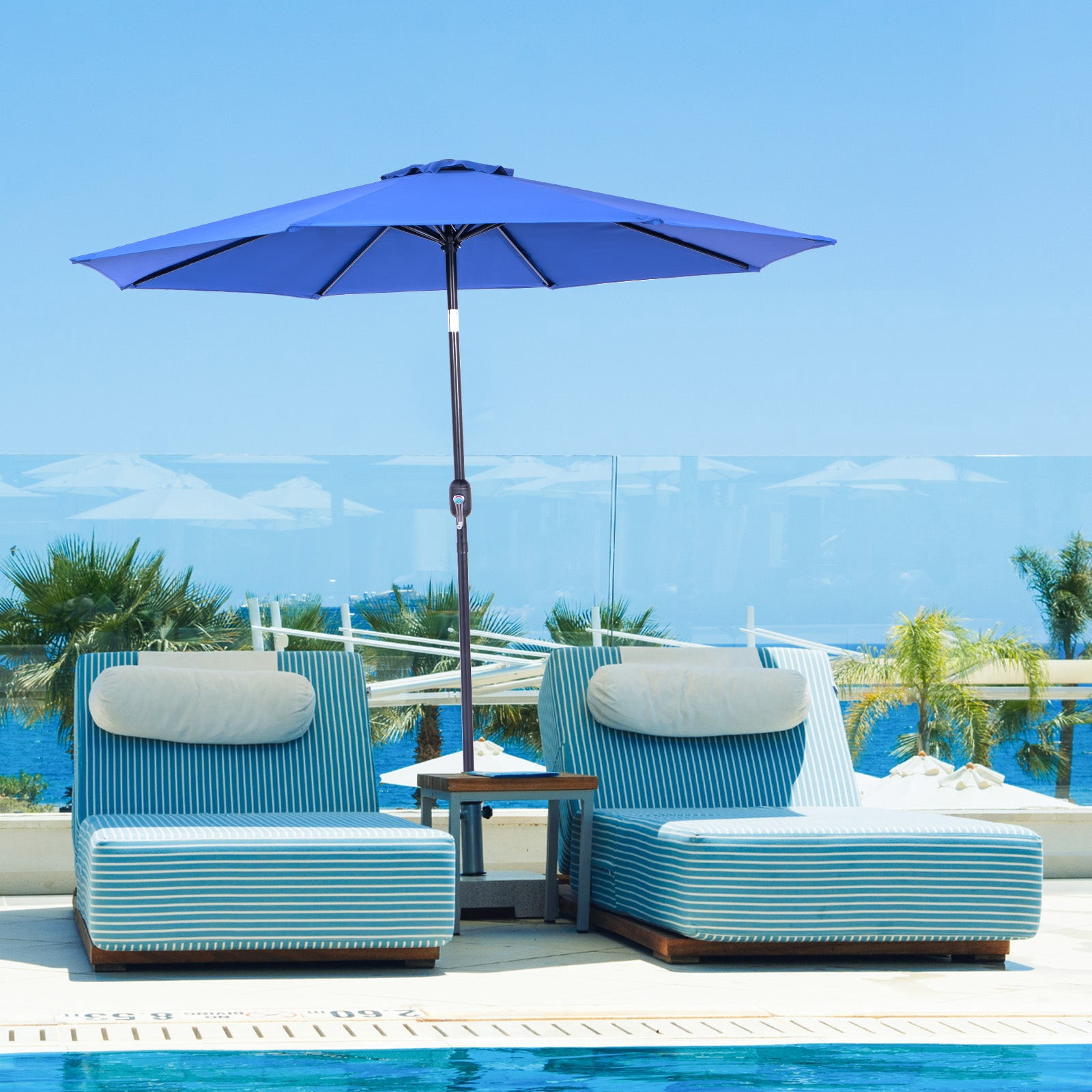 Backyard Expressions 9 ft Market Patio Umbrella UV Resistant Canopy with 8 Rib Support Frame and Push Button Tilt and Crank Lift Blue