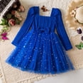 thumbnail image 2 of Razzly Child Girls Long Sleeve Dress with Bow Star Sequin Netting Holiday Party Formal Occasion Winter Fall Outfit for Toddler Kids 3-7 Years(Blue,5-6 Years), 2 of 8