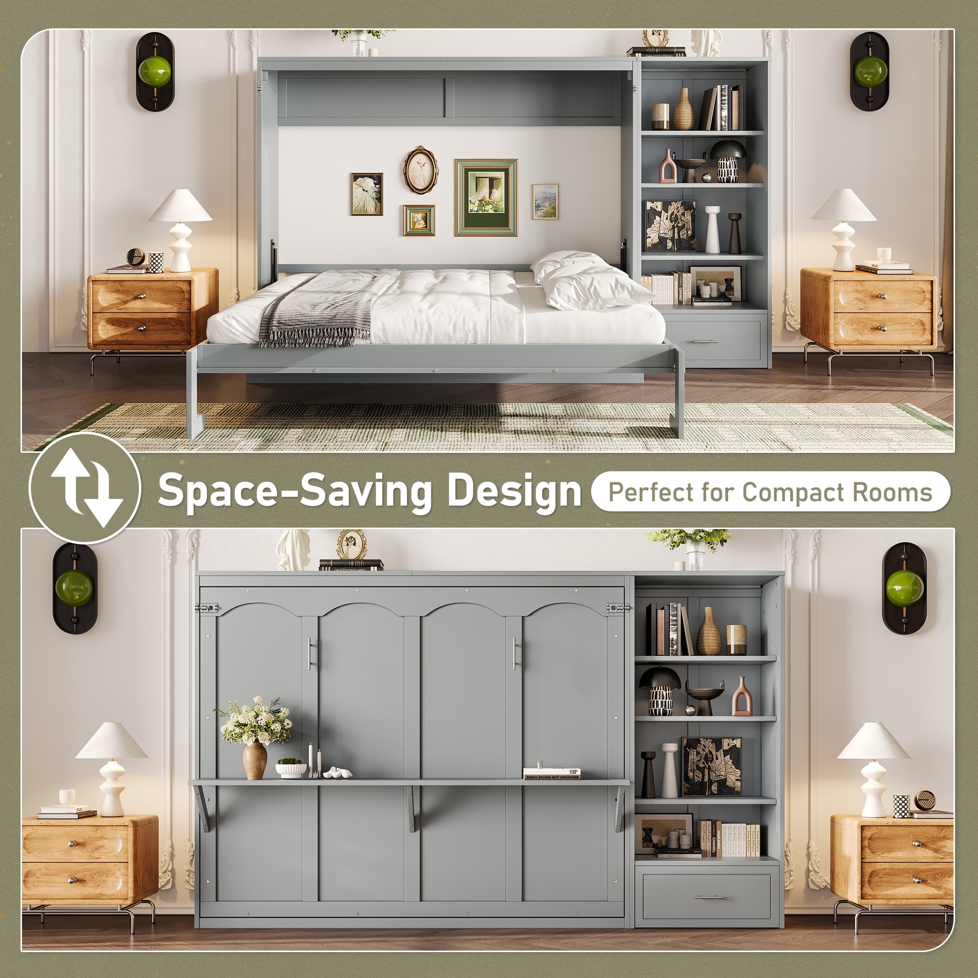 Mintazer Queen Murphy Bed with Reversible Storage Cabinet, Multifunctional Foldable Platform Bed with Adjustable Shelves & Drawer for Guest Room Bedroom, Gray
