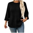 thumbnail image 2 of Mifsaly Plus Size Crewneck Sweatshirts Women Waffle Textured 3/4 Sleeve Pullover Sweatshirt Black,XXL, 2 of 8