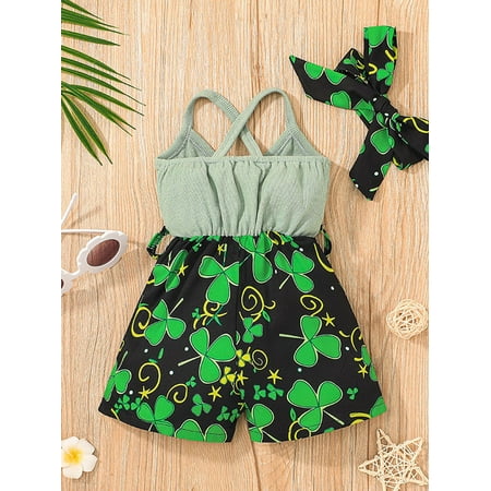 

2023 Infant Kids Baby Girl St. Patrick Overalls Shorts Sling Strap Ribbed Patchwork Clover Print Jumpsuit Romper Summer Clothes(Green 0-2 Years)