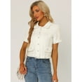 thumbnail image 2 of Unique Bargains Women's Tweed Shirt with Tassel Cropped Short Sleeve Shirt L White, 2 of 6