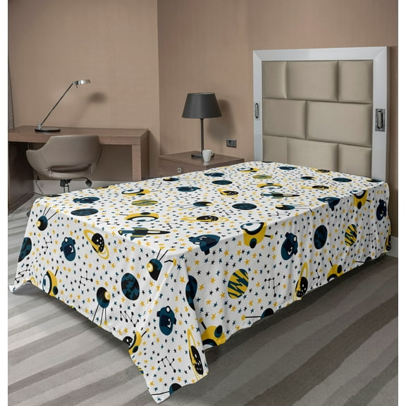 Ambesonne Cosmic Space Flat Bedding Sheet Soft Top Sheet, Aliens Stars and Earth, Twin XL, Mustard Petrol Blue Black