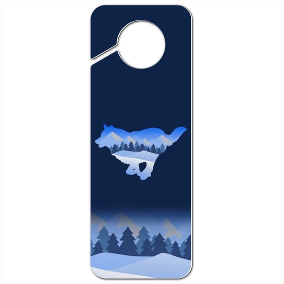 Wolf Silhouette Running Snow Scenery Plastic Door Knob Hanger Sign