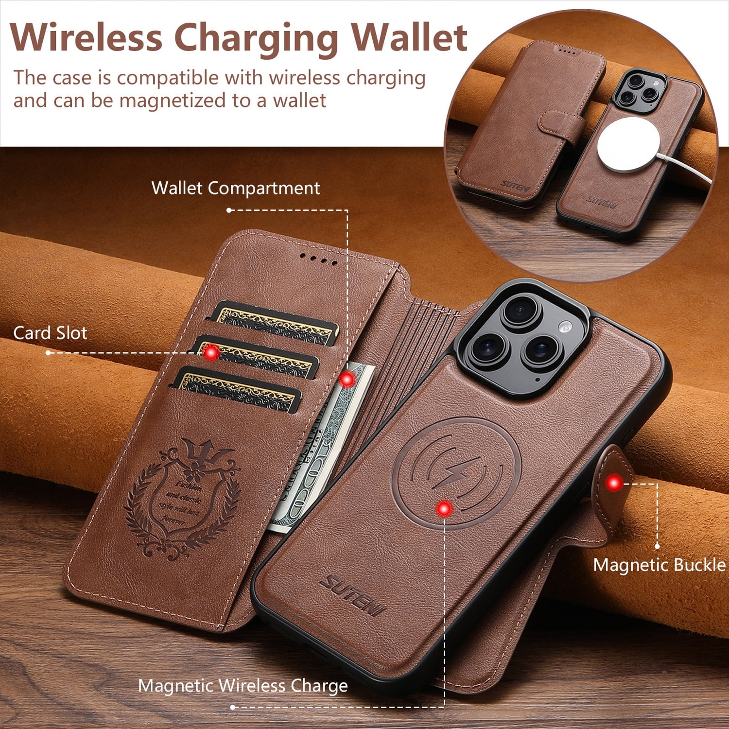 for iPhone 14 Pro Max Detachable Wallet Case, PU Leather Magnetic Cover Support Wireless Charging & Magnetic Car Mount, Card Slots Holder, Flip Stand, Folio Full Body Protective Phone Shell, Brown