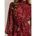 thumbnail image 6 of Women'S Floral Long Puff Sleeve Dress Chiffon Mock Neck Tie Waist Ruffle Layered Mini Dresses Deep Red XS, 6 of 7