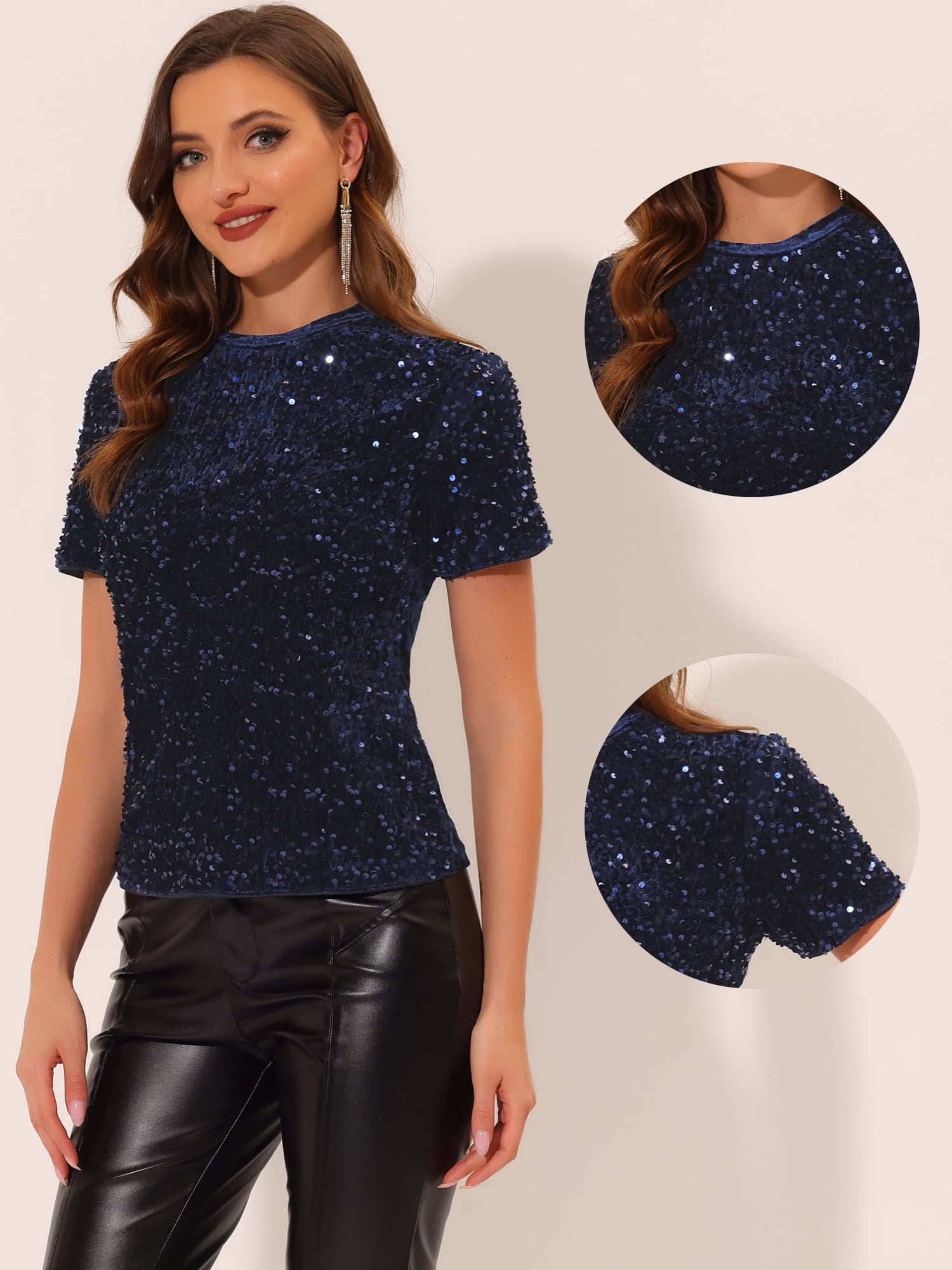DARING DIVA Women's Velvet Sequin Short Sleeve Clubwear Blouse S Navy Blue