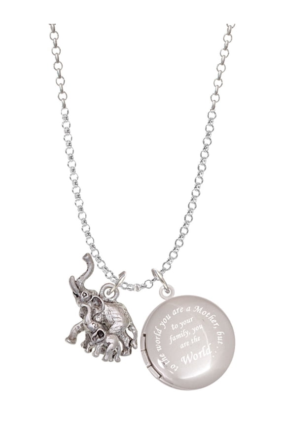 Silvertone Elephant with Baby To the World You are a Mother Locket Necklace