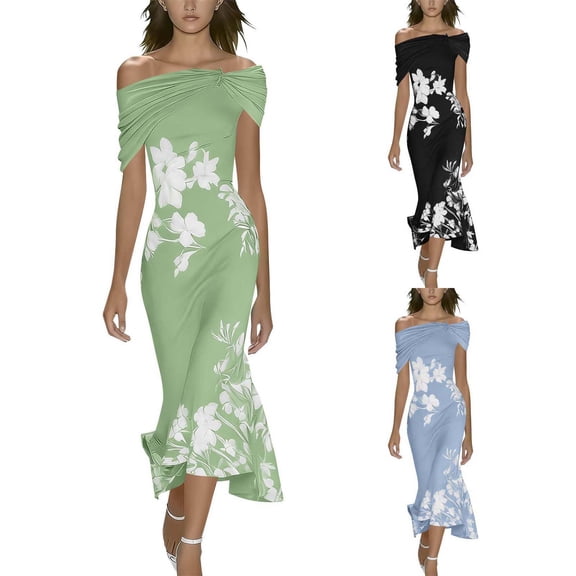 Xaqiouau Womens Off Shoulder Floral Print Midi Dress Twisted Pleated Fitted Hem Cocktail Party Dress