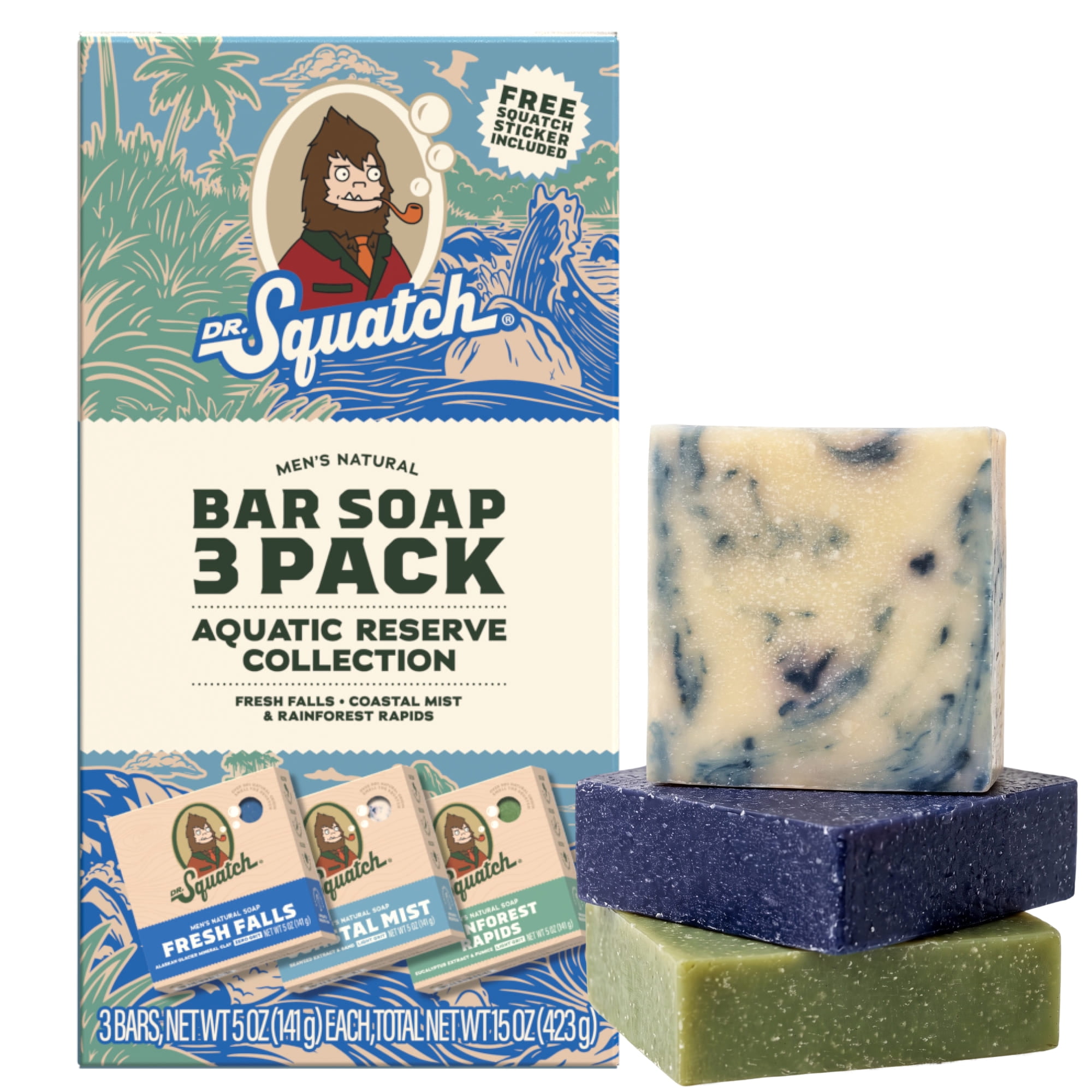 Dr. Squatch Men's Soap, Natural Bar Soap for Men, Cold Process, Gifts for Men, Fresh Falls, Coastal Mist, Rainforest Rapids, 5 oz, 3-Pack