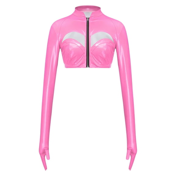 Xnihocha Womens Pu Leather Blouse Gloved Long Sleeve Crop Top Wet Look Hollow Out Front Zipper Jacket Hot Pink S