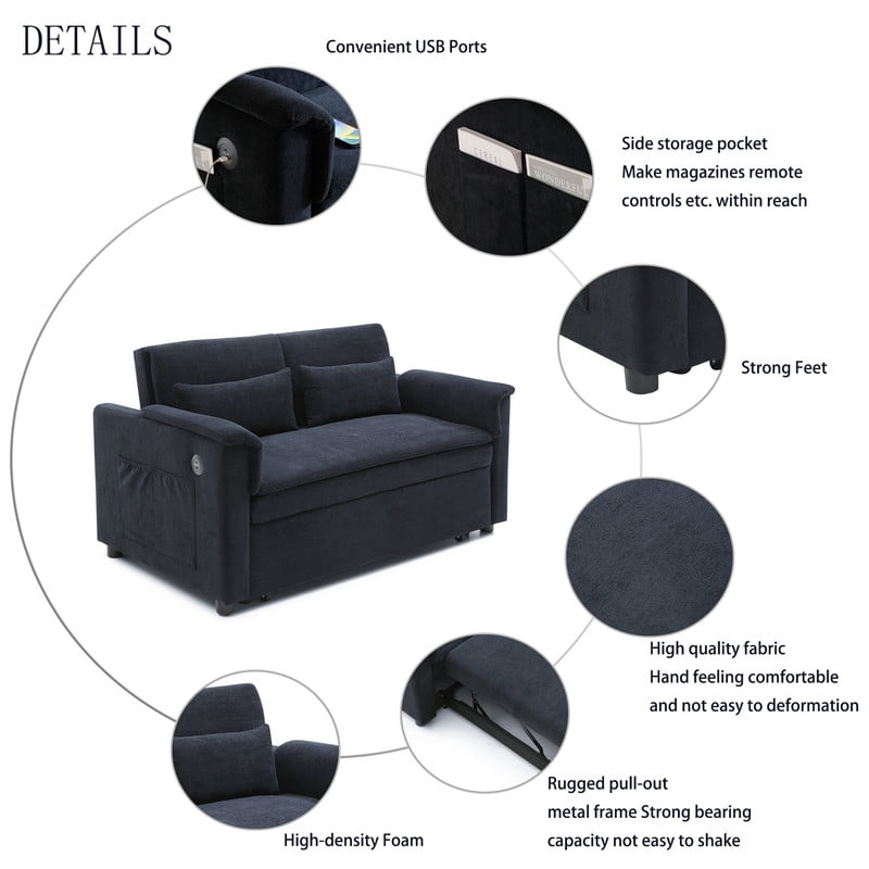 3-in-1 Convertible Velvet Pull Out Sofa Bed, Loveseat Chaise Sleeper Sofa with Adjustable Backrest, USB Ports & Side Pockets
