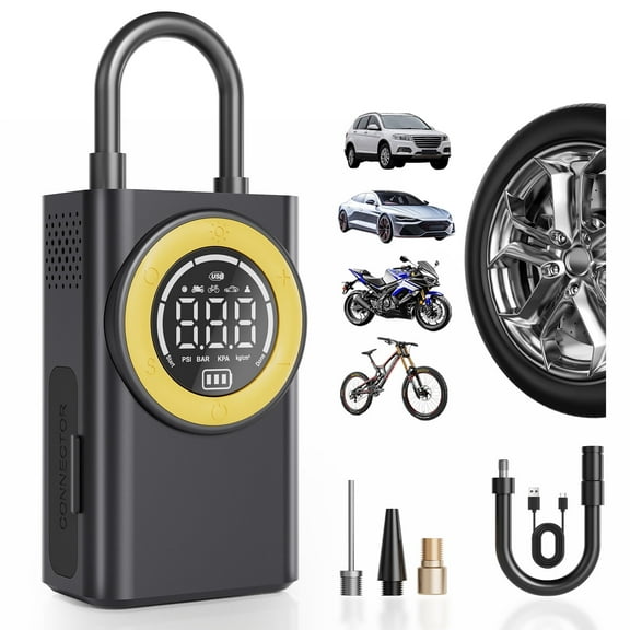 PHANCIR Cordless Tire Inflator with 3 Nozzles, 150 PSI Digital Pressure Gauge Air Pump Auto-Stop, 5200mAh Battery & LED Light for Emergency, Compact Design for On-the-Go Use
