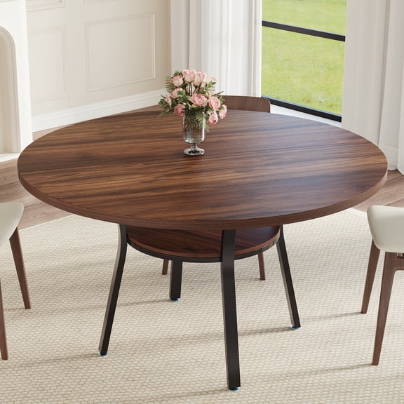 42" Round Dining Table for 4-6, Farmhouse Kitchen Table with Storage, Space Saving Circle Dinner Table, Rustic Wood Kitchen & Dining Room Tables with Metal Legs for Kitchen, Living Room, Dining Room