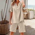 thumbnail image 3 of Joernso Cotton Linen 2 Piece Outfits for Women Short Sleeve V-Neck Top Wide Leg Shorts Set Summer Casual Loose Lounge Set, 3 of 8