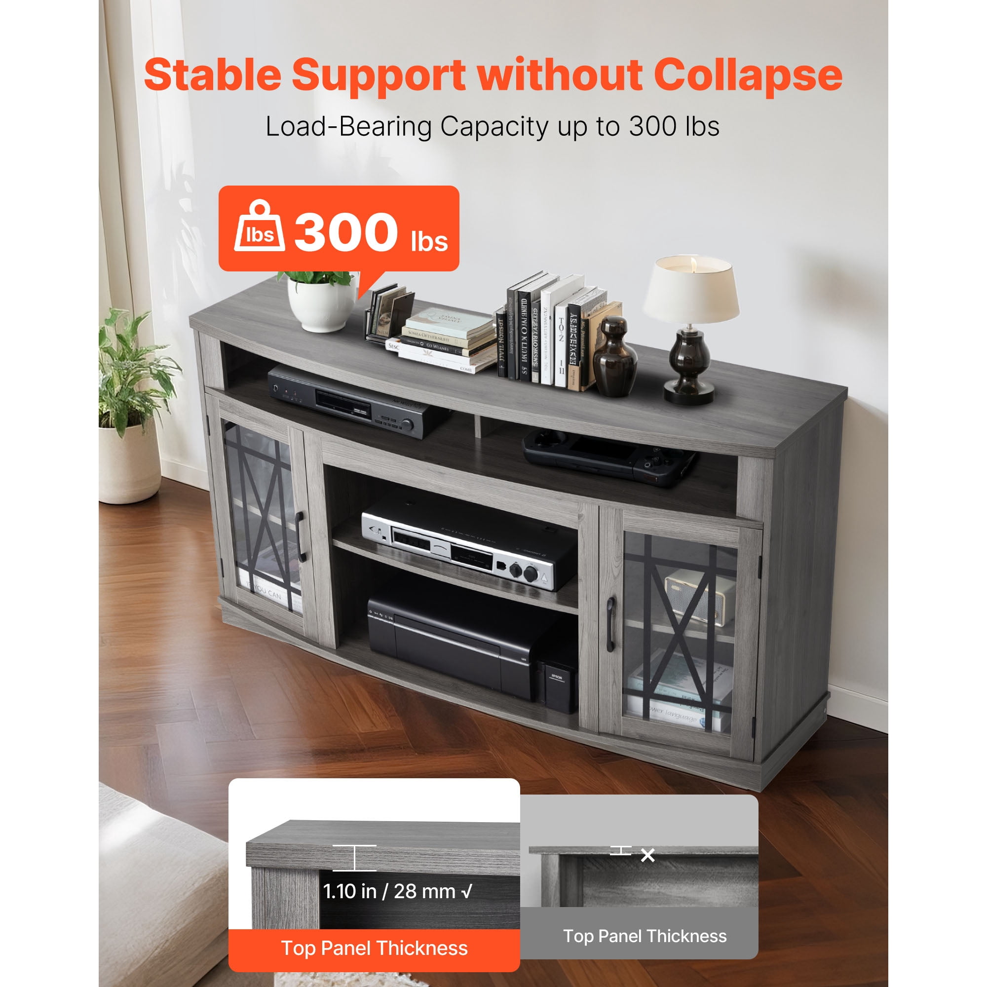 KFFKFF 59" TV Stand for TVs up to 65 Inches, Entertainment Center with LED Light Strip, Wooden Cabinet with Glass Doors and Adjustable Shelves